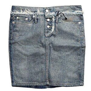 Richmond Button Fly Fringed Glitter Coated Denim Mini Pencil Skirt Sz 42 NWT